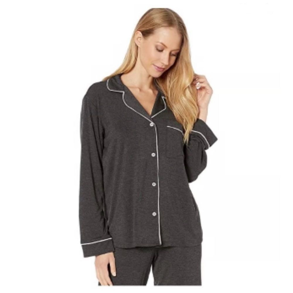 Eberjey Women’s Size Large Gisele Pajama Top Only Gray Long Sleeve Tuxedo Trim